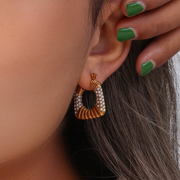 Zircon Chunky‎ Square 18K Gold Plated Hoop Earrings Stainless Steel - Picture 2 of 13